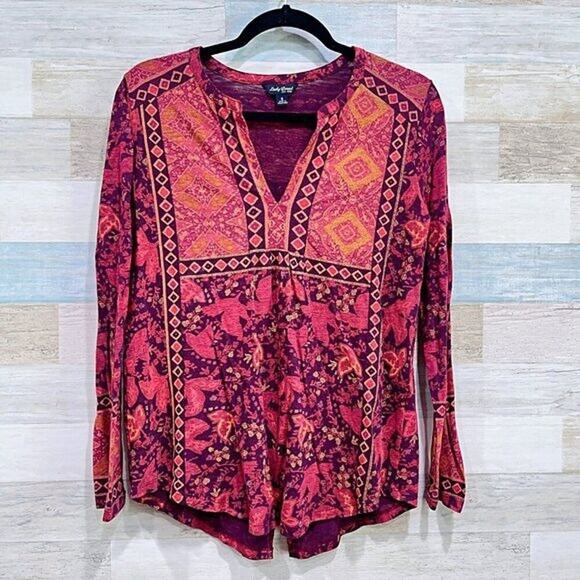 LUCKY BRAND Mixed Border Print Top Red Boho Womens Small - Picture 2 of 6